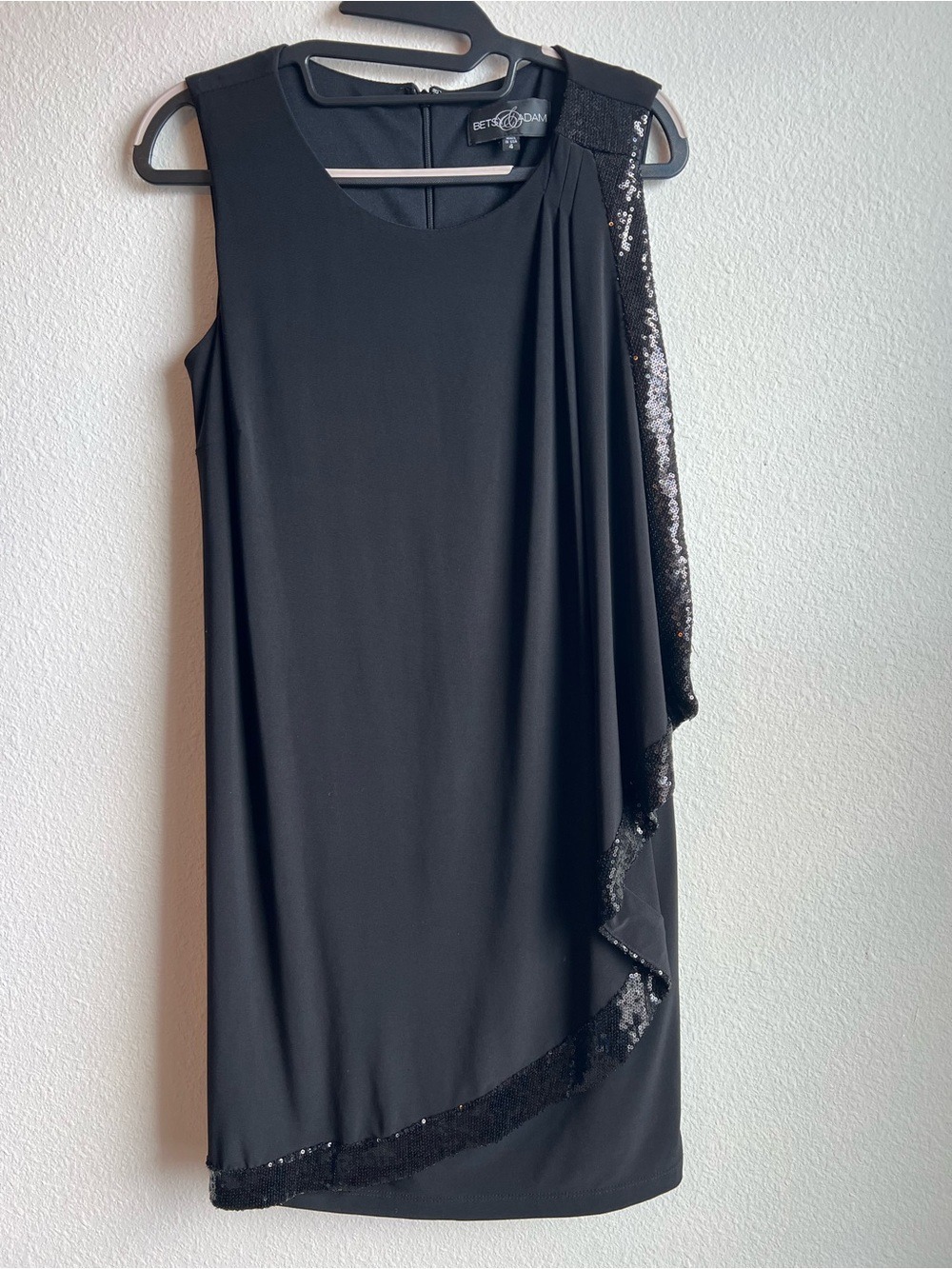 Betsy & Adam Black Draped Sequin-Trim Party Dress